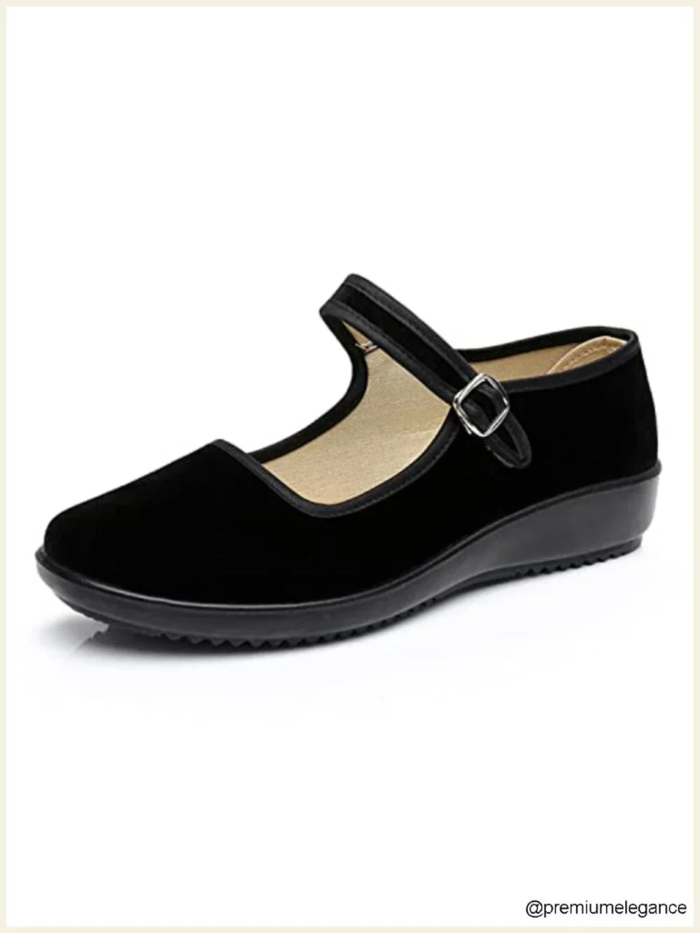 Women's Velvet Mary Jane Flats with Metal Buckle, Adjustable Straps, Slip